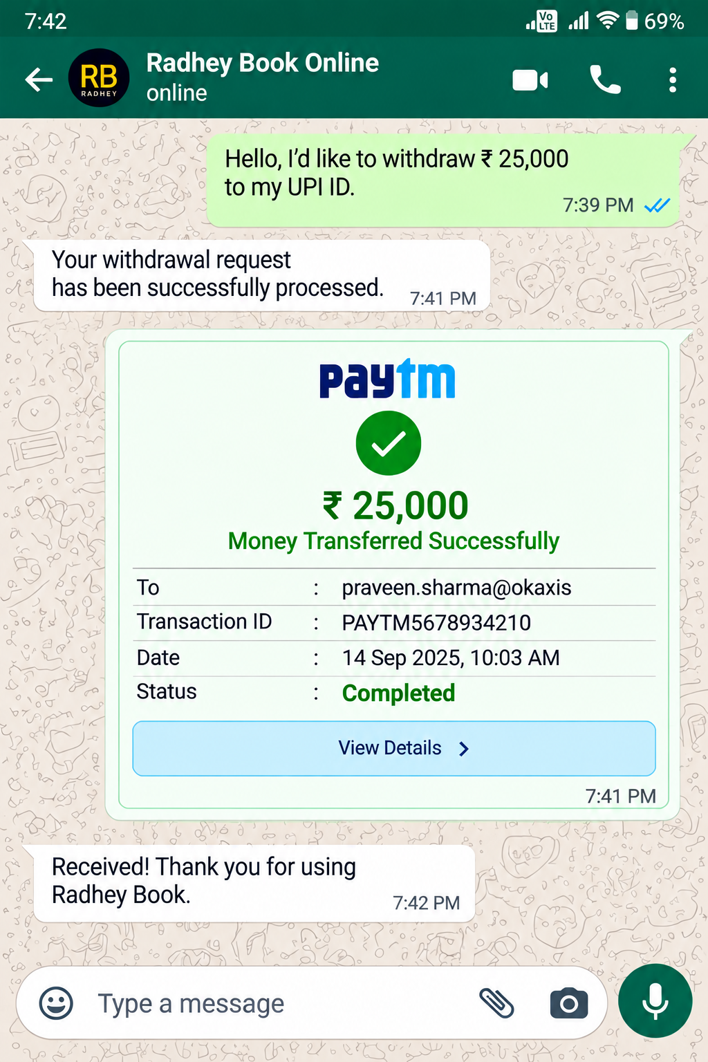 Screenshot showing a withdrawal transaction for proof